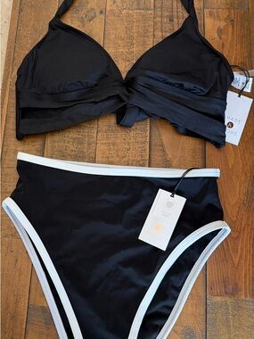 High-Waist Bikini Set with White Trim - Women Swim bra medium, panty size small